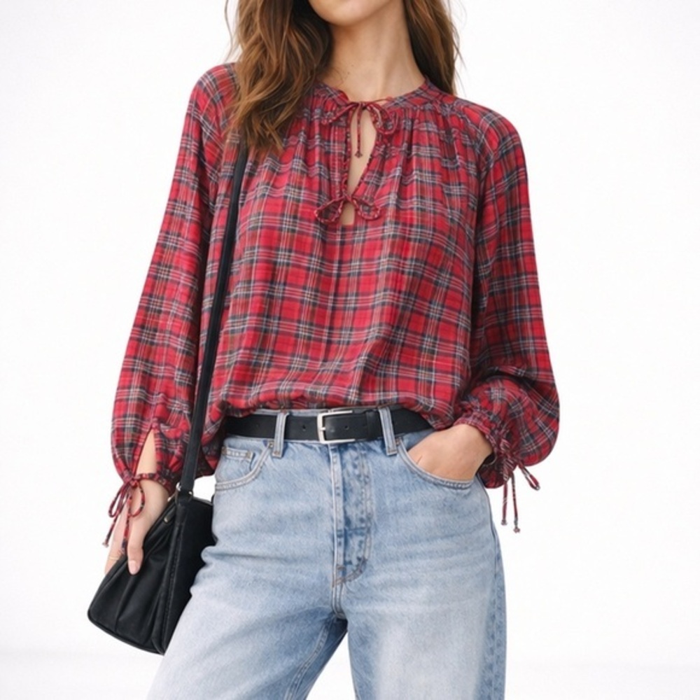 Laurence bras red plaid tie blouse
